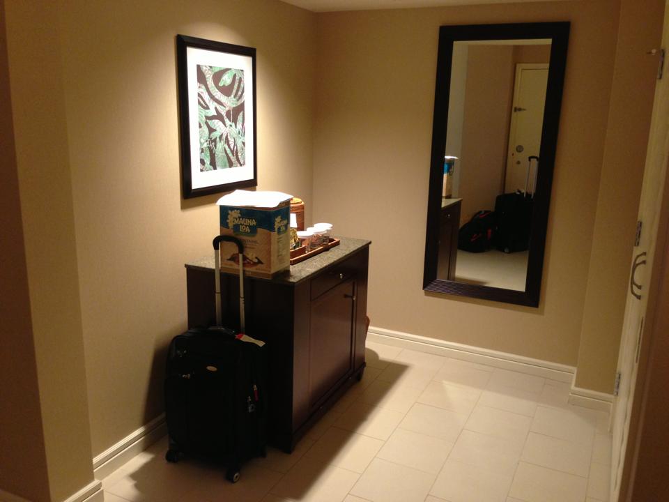 Small entry area near front door with refrigerator, closet and mirror.